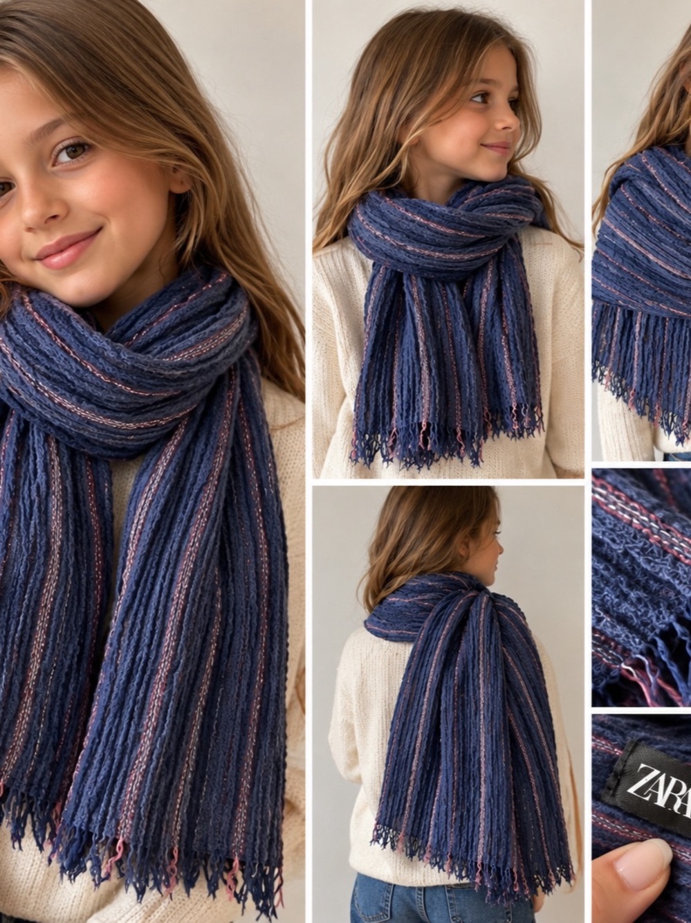 Zara Kids Navy Blue Pink Striped Crinkle Scarf Fringe Accessories